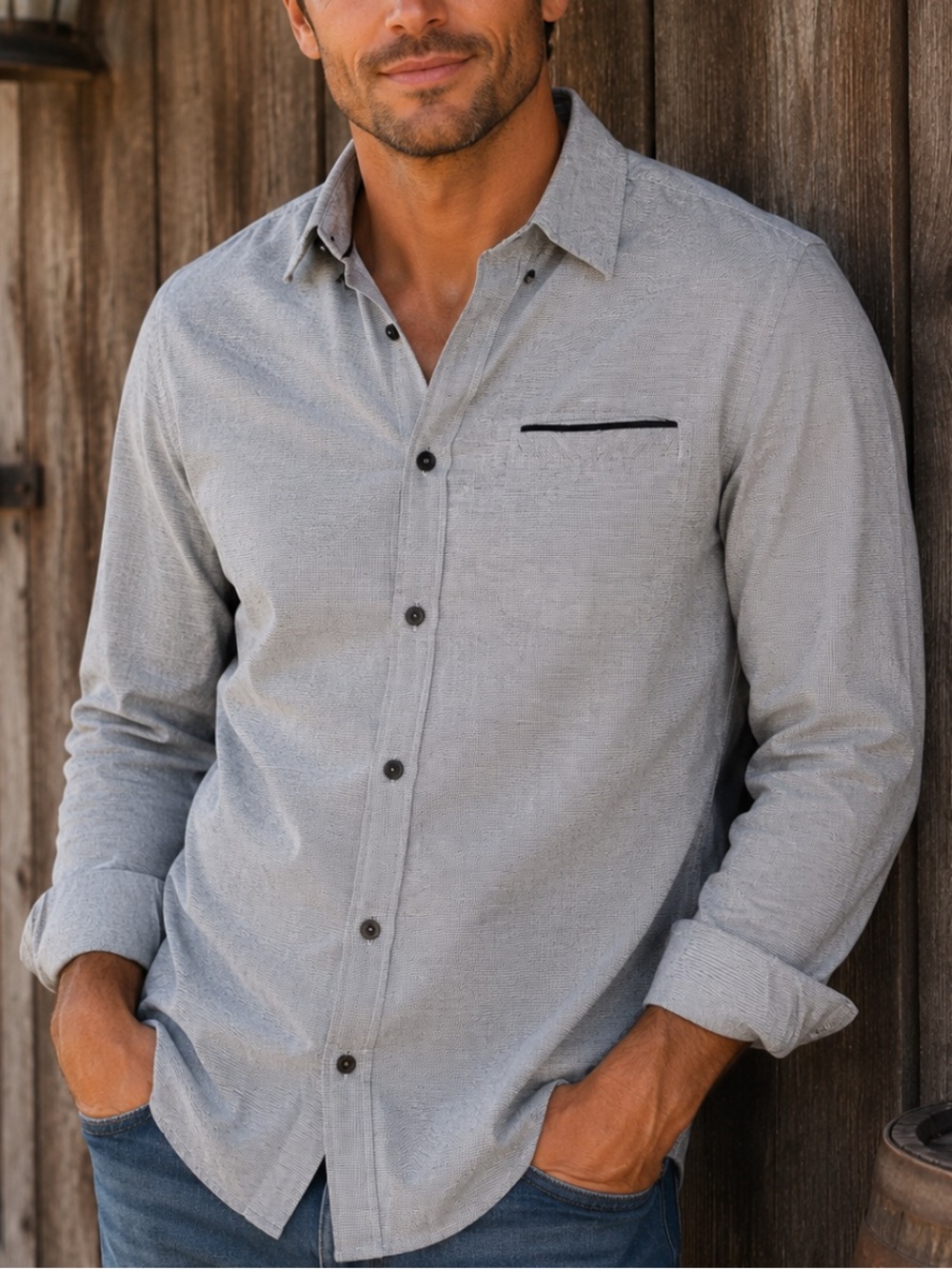 Slim Fit Men's Button-Down Shirt - Light Gray with blue Stripe